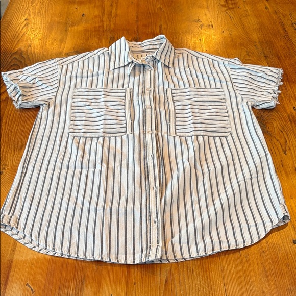 Free People Christopher Linen Shirt oversized tan black classic small new - Picture 10 of 16